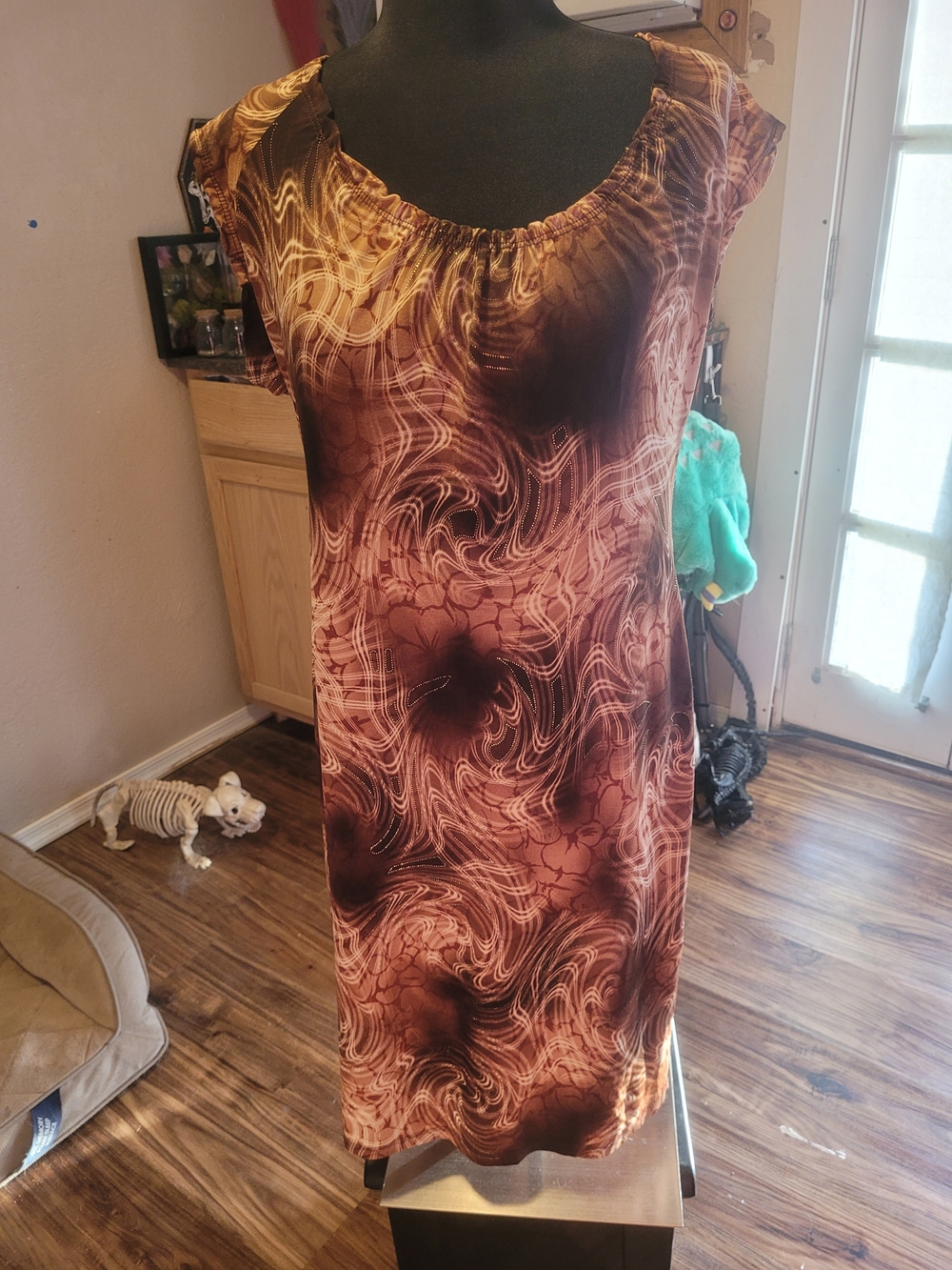 Brown Swirl Print Midi Dress with Scoop Neck